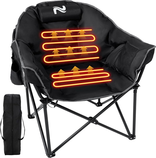 Heated Camping Chair with Headrest Pad, Oversized Heated Chair Outdoor Sports, Heated Camp Chair Seat Supports 500 Lbs, Heating Folding Chair for Camping, Patio, Picnic