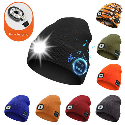 Winter Beanie With Bluetooth Music Charging and LED illuminated Headlamp.