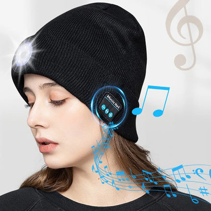 The beanie, headphones, and headlamp are combined into a single product.