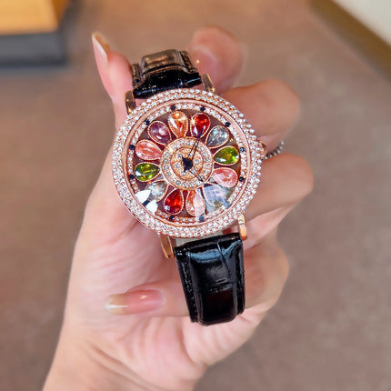 Dazzling And Fashionable Women's Quartz Watch With Colorful Rhinestone Inlay, Featuring An Alluring Rotatable Dial, Durable
