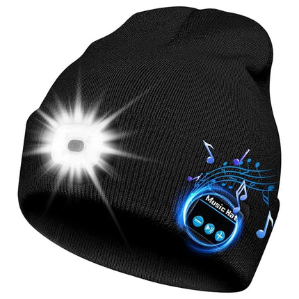 Winter Beanie With Bluetooth Music Charging and LED illuminated Headlamp.