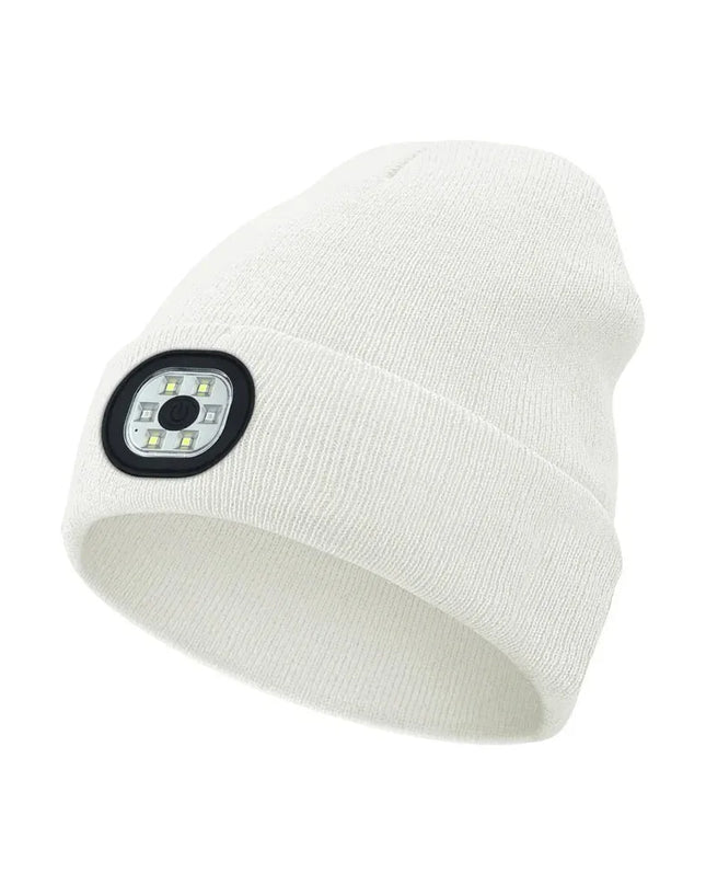 Wintermütze mit Bluetooth-Musikladefunktion und LED-beleuchteter Stirnlampe. 