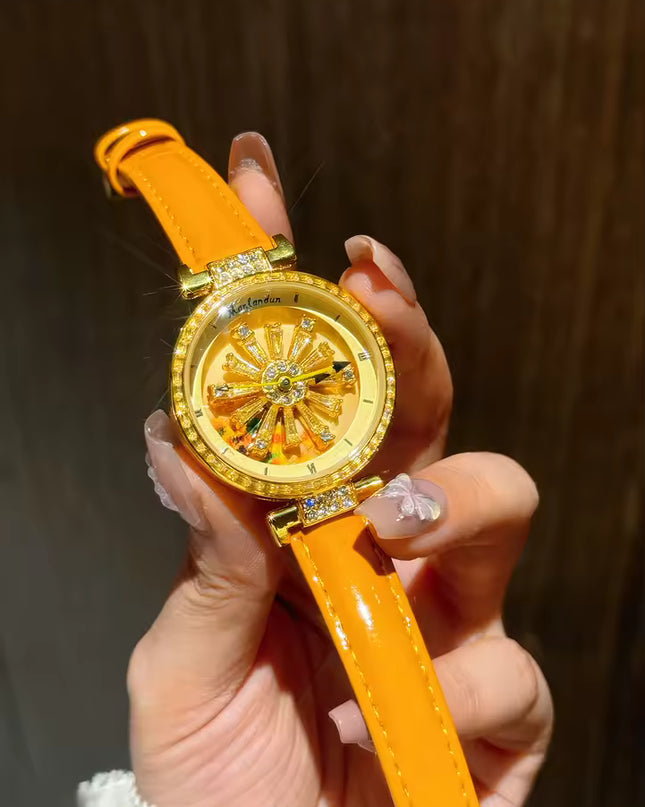 Funkelnde und modische Damen-Quarzuhr mit farbenfrohen Strasssteinen, einem attraktiven drehbaren Zifferblatt und robustem Design.