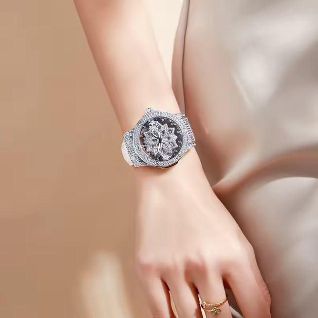 Funkelnde und modische Damen-Quarzuhr mit farbenfrohen Strasssteinen, einem attraktiven drehbaren Zifferblatt und robustem Design.