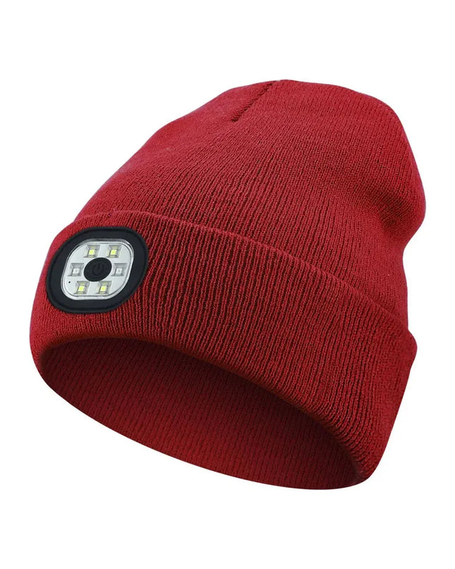 Wintermütze mit Bluetooth-Musikladefunktion und LED-beleuchteter Stirnlampe. 