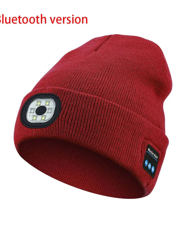 Wintermütze mit Bluetooth-Musikladefunktion und LED-beleuchteter Stirnlampe. 