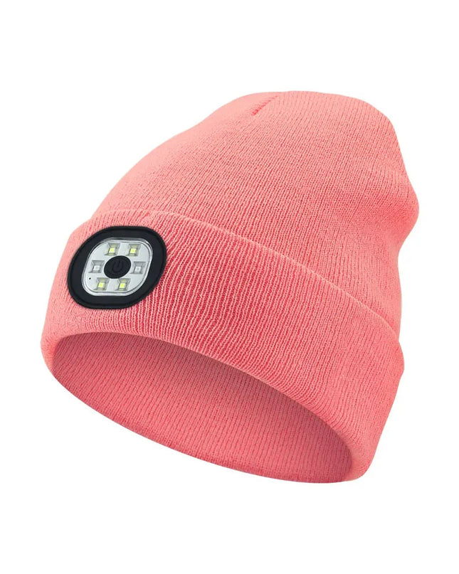 Wintermütze mit Bluetooth-Musikladefunktion und LED-beleuchteter Stirnlampe. 