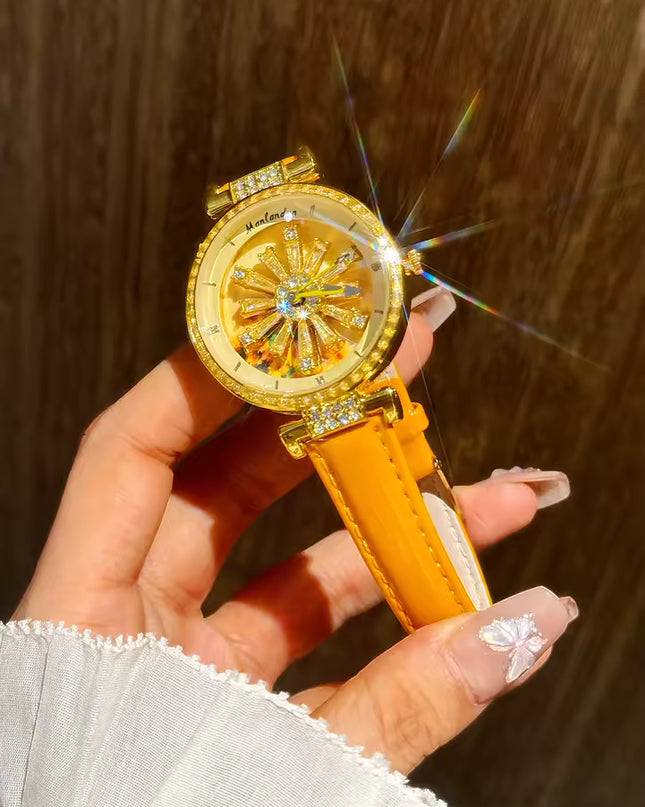 Funkelnde und modische Damen-Quarzuhr mit farbenfrohen Strasssteinen, einem attraktiven drehbaren Zifferblatt und robustem Design.