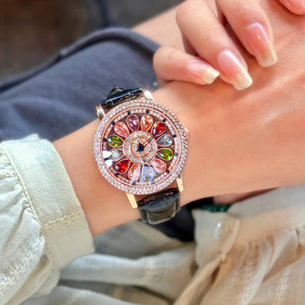 Dazzling And Fashionable Women's Quartz Watch With Colorful Rhinestone Inlay, Featuring An Alluring Rotatable Dial, Durable