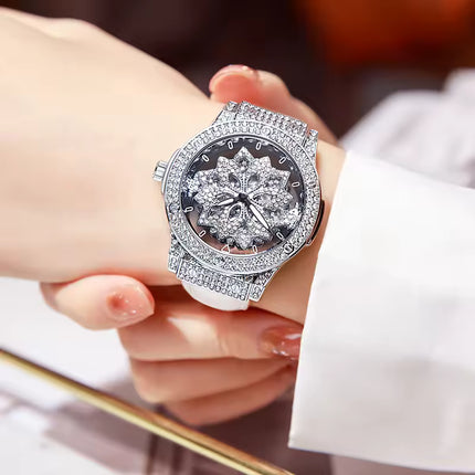 Dazzling And Fashionable Women's Quartz Watch With Colorful Rhinestone Inlay, Featuring An Alluring Rotatable Dial, Durable