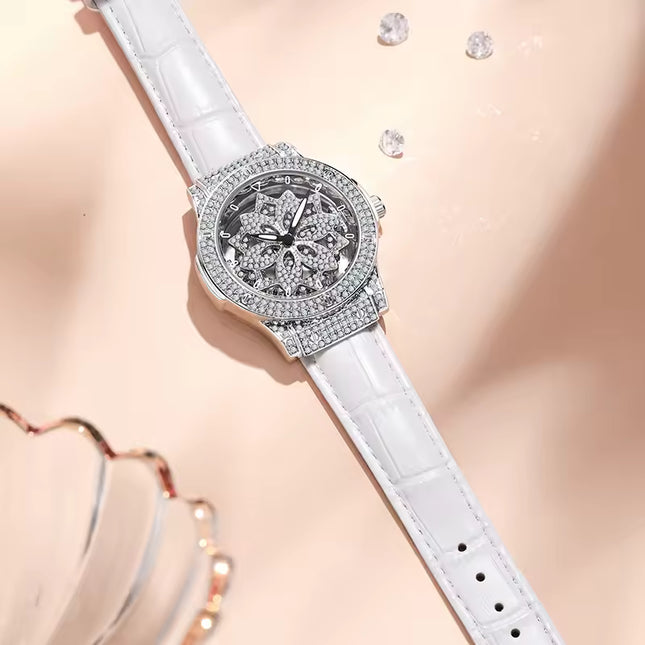 Funkelnde und modische Damen-Quarzuhr mit farbenfrohen Strasssteinen, einem attraktiven drehbaren Zifferblatt und robustem Design.