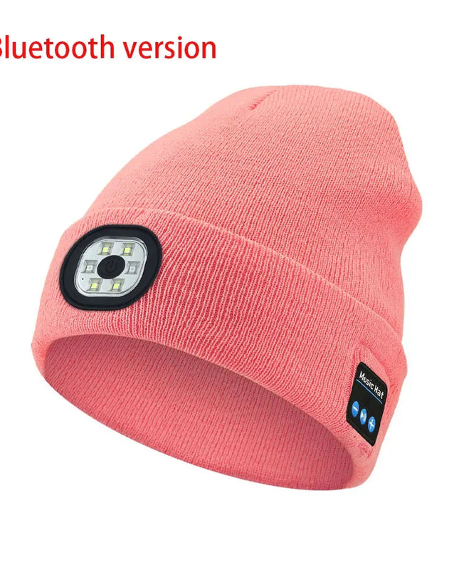 Wintermütze mit Bluetooth-Musikladefunktion und LED-beleuchteter Stirnlampe. 
