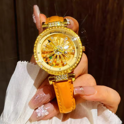 Dazzling And Fashionable Women's Quartz Watch With Colorful Rhinestone Inlay, Featuring An Alluring Rotatable Dial, Durable