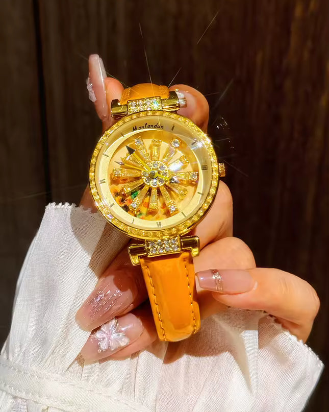 Funkelnde und modische Damen-Quarzuhr mit farbenfrohen Strasssteinen, einem attraktiven drehbaren Zifferblatt und robustem Design.