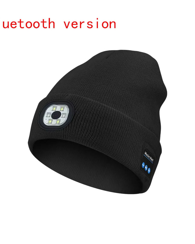Wintermütze mit Bluetooth-Musikladefunktion und LED-beleuchteter Stirnlampe. 