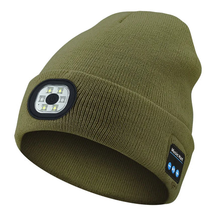 Winter Beanie With Bluetooth Music Charging and LED illuminated Headlamp.