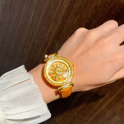 Dazzling And Fashionable Women's Quartz Watch With Colorful Rhinestone Inlay, Featuring An Alluring Rotatable Dial, Durable