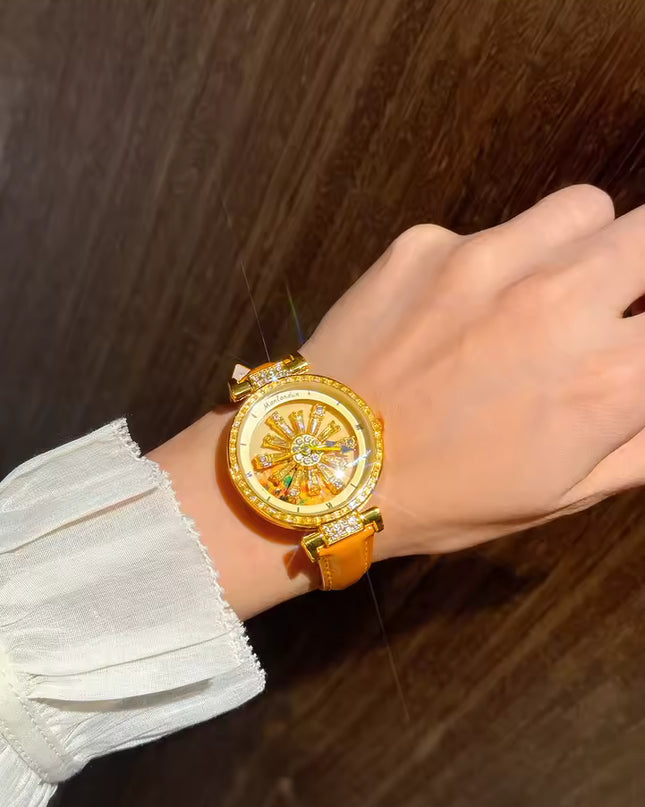 Funkelnde und modische Damen-Quarzuhr mit farbenfrohen Strasssteinen, einem attraktiven drehbaren Zifferblatt und robustem Design.